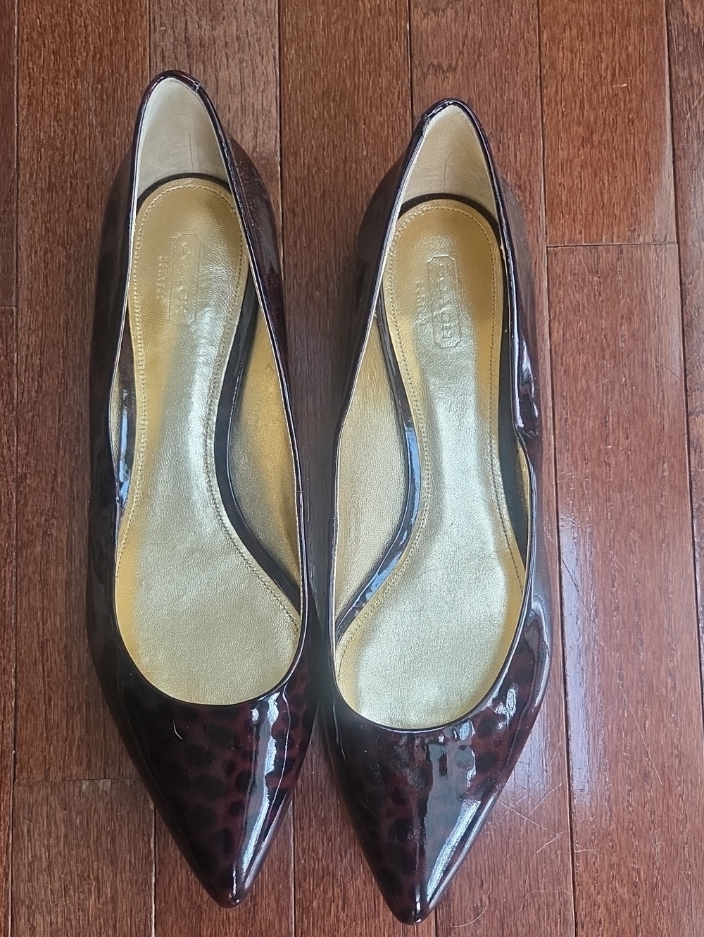 Coach Burgundy Patent Pointed-Toe Leopard-Print Flats